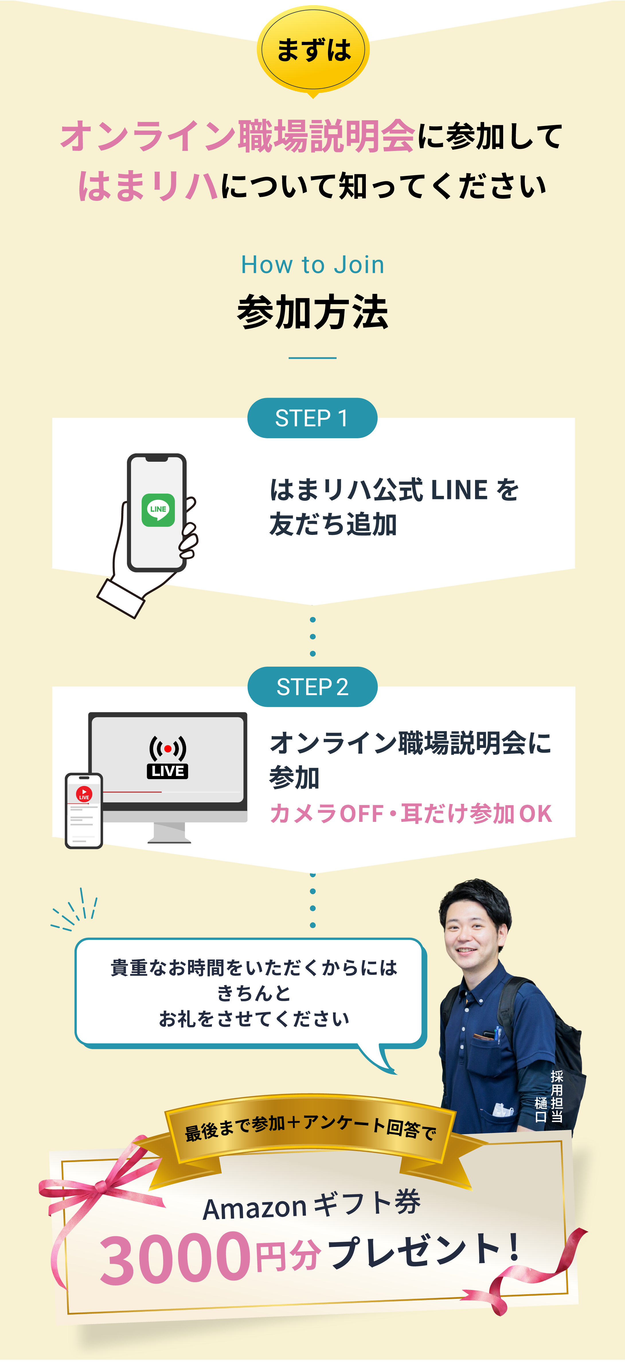オンライン職場説明会に参加してはまリハについて知ってください：参加方法[STEP 1]はまリハ公式LINEを友だち追加[STEP 2]オンライン職場説明会に参加（カメラOFF・耳だけでOK）